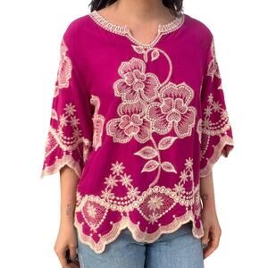 🍀Solitaire Embroidered Floral Bell Sleeve Peasant Boho Top Fuchsia Pink Womens S